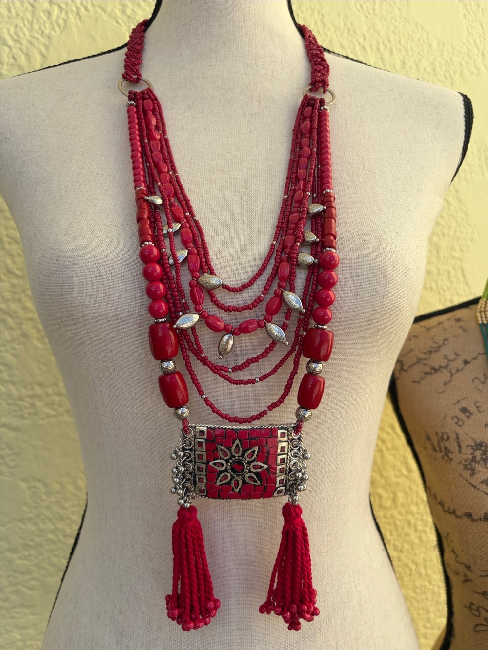 Chico's Red Multi-Strand Tassel Statement Necklace